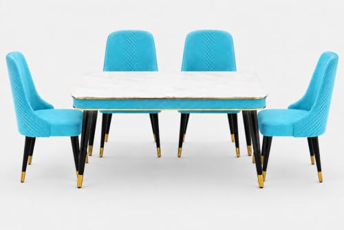Image of WOODEN SPACE Majestic 4 Seater Wooden Dining Table Set | Urban Marble Top Dining Table with Chairs for Dining Room & Kitchen (Sky Blue Modern Vento) (54x36x30 inch)