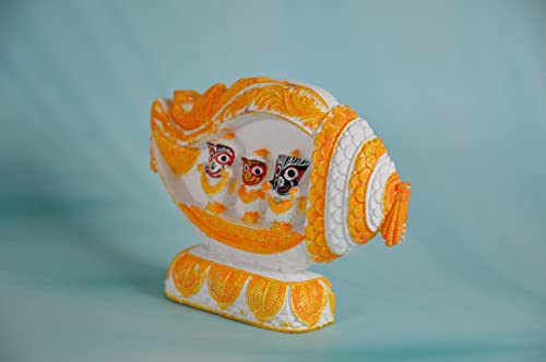 Image of Jagannath Balaram Subhadra by for Car Dashboard Idols for Gift Home Decor Idols for Pooja (13 cm White & Orange Shankh Design Jagannath Balaram Subhadra Idol Statue)