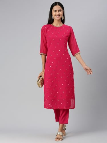 Image of Saanjh Women's Faux Georgette Embellished Printed Straight Kurta with Bottom||Kurta Set