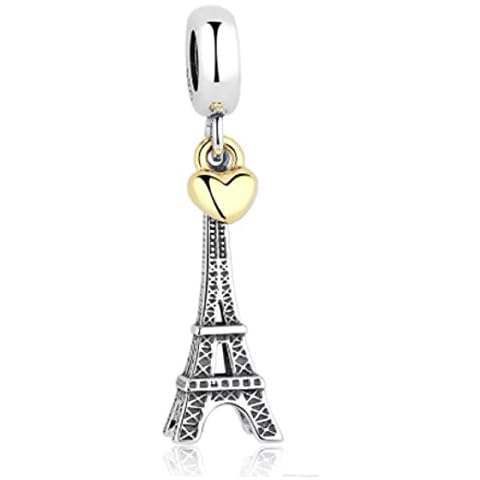 FeatherWish 925 Sterling Silver I Love Paris Eiffel Tower Charms With Gold Love Heart Fits And Compatible With Pandora Bracelet And Necklace Cover