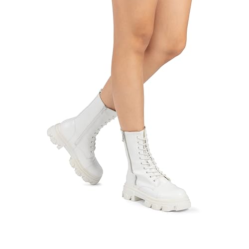 Image of DREAM PAIRS Women's Combat Boots Lace up Mid Calf Boots Low Heel Chunky Platform Lug Sole Riding Boots