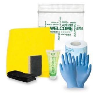 20 Kit di benvenuto KRES005G 6 pezzi Contiene: Detersivo piatti, spugna piatti, panno tuttofare, sacco immondizia, guanti in nitrile, rotolo carta igienica