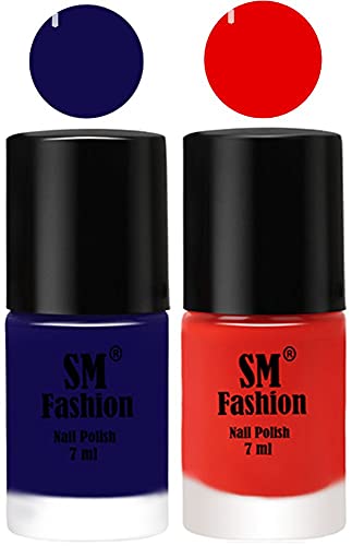 Image of Long Lasting Nail Polish | Nail Paint Combo 7 ml Each) - Set of 2 Dark Blue-Fire Orange