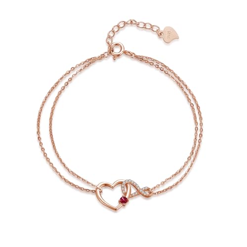 immobird Bracelet infini en Or Rose Bracelet avec Cœur en Rubis et Zircon Argent Sterling 925 Réglable Bijou Femme (Rubis)