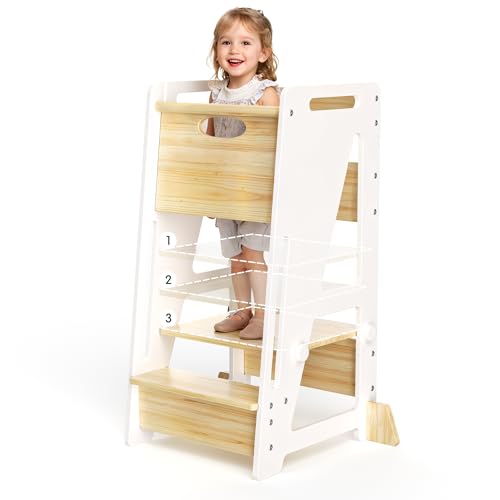 Image of OPAUL Toddler Standing Stool - 3-Level Adjustable Height Wooden Kitchen Step Stool for Kids, Sturdy with Non-Slip Feet, Safe Toddler Standing Stool for Counter Classic White, Ages 18 Months - 6 Years