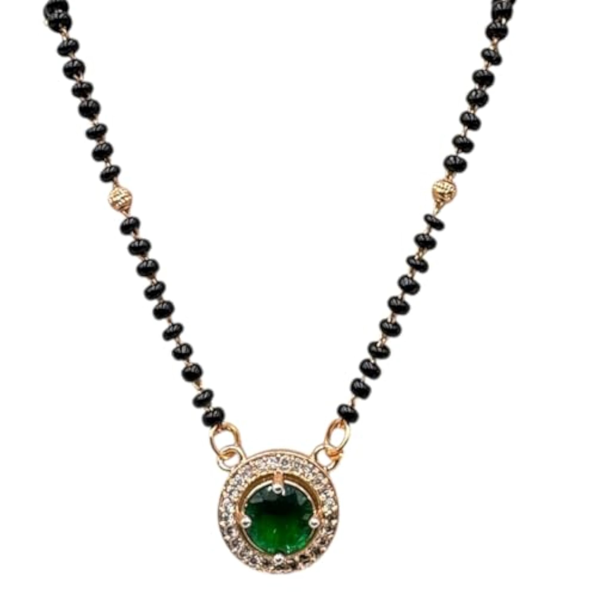 Black Beaded Mangalsutra with Green Gemstone Pendant