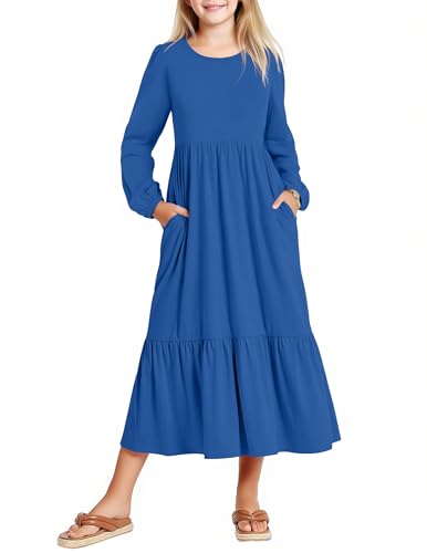 Image of Arshiner Girls Maxi Dresses Lantern Long Sleeve Casual Holiday Dress with Pockets for 5-14 Y