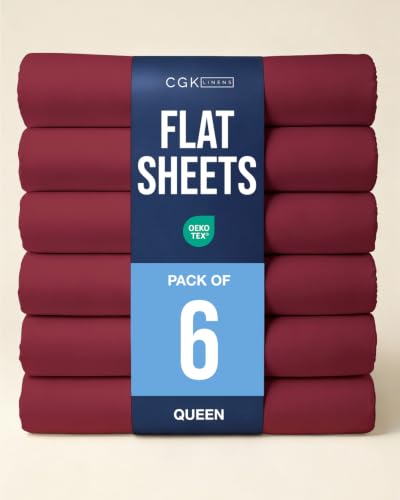 Queen Size Flat Sheet - Pack of 6 Top Flat Bed Sheet Only - Burgundy