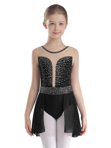 Jhaoyu Vestido de ballet para niña, sin mangas, con estrás, patinaje artístico, maillot de ballet, vestido de danza, con falda de gasa, Negro , 170