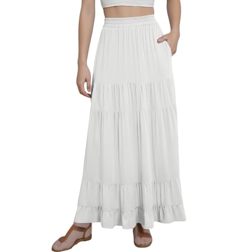 midelxp Flowy Long Skirts for Women Summer Elastic High Waist A Line Pleated Skirts Y2k Comfy Tiered Maxi Skirt with Pockets
