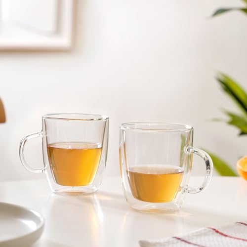 Image of Nestasia Double Wall Borosilicate Glass Mugs Set of 2 (280ml Each) - Microwave & Dishwasher Safe Transparent Glass Tea Cups | Food Safe & Durable Coffee Mugs - Ideal for Latte, Espresso, Cappuccino