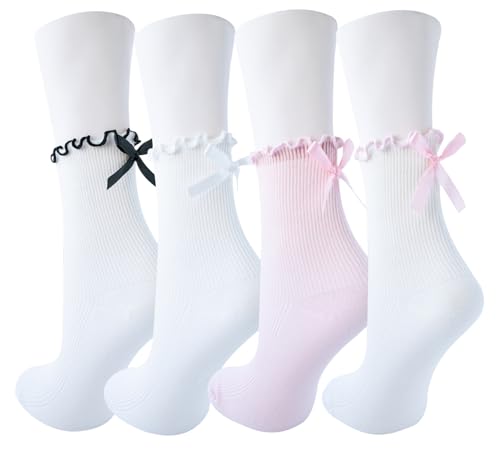 Image of Womens Bow Socks Ruffle Casual Crew Black Whitte Soft Breathable Cotton 4 Pairs Socks
