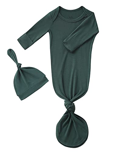 Image of Newborn Baby Boys Girls Knotted Gown Hat Set Soft Viscose from Bamboo Infant Sleeper Baby Sleep Gown with Mittens (Deep Green, 0-3M)