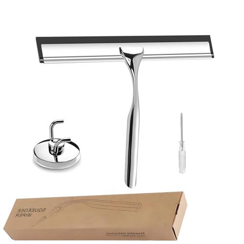 Rasqueta Limpiacristales Ducha, Limpiacristales De Silicona con Gancho, Limpia Cristales Acero Inoxidable,25cm, Limpia Cristales para Ducha, Baño, Azulejos, Espejos, Ventanas