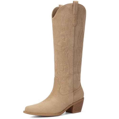 Image of Pasuot Western Cowboy Boots for Women - Knee High Wide Calf Cowgirl Boots, Slip On Pointed Toe Chunky Heel Fashion Retro Classic Pull On Tall Boot for ladies Party concert
