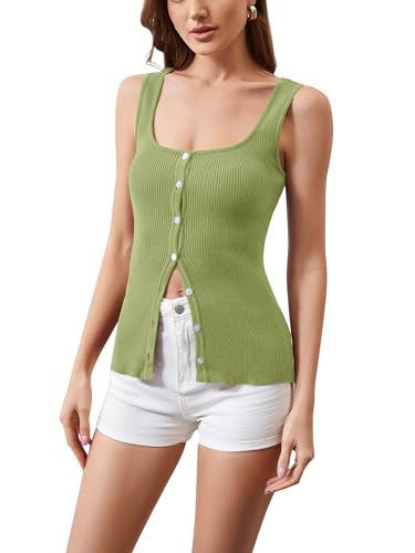 Image of Women Square Neck Button Down Knit Tank Top Button-Up U Neck Sleeveless Backless Solid Slim Sexy Sweater Vest Tops Green