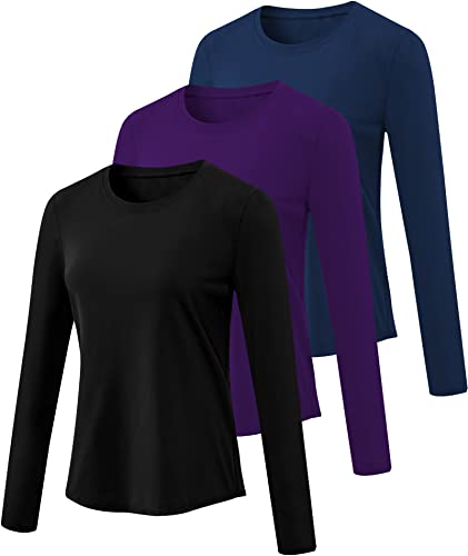 Holure 3er-Pack Damen Langarmshirts UPF50+ Sonnenschutz T-Shirts U-Ausschnitt Wandershirt Running Workout Performance Tee Schwarz/Lila/Dunkelblau L Cover