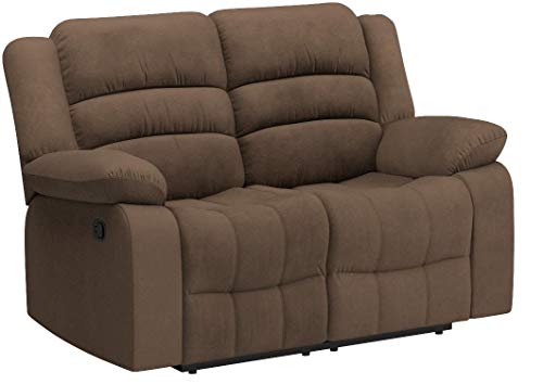 AC Pacific Bill Collection Modern Fabric Upholstered Living Room Reclining Loveseat with Padded Pillow Top Armrests, Brown