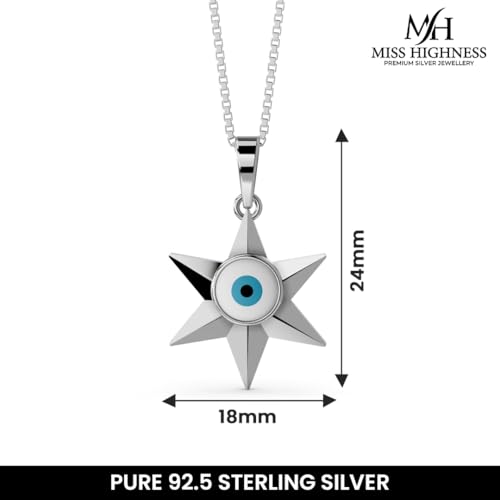 Image of Miss Highness 925 Sterling Silver Pendant for Women | Evil Eye Pendant with Chain | Certified Pure Silver Jewellery | Office Wear Necklace | Gift for Wife, Girlfriend, Birthday & Anniversary