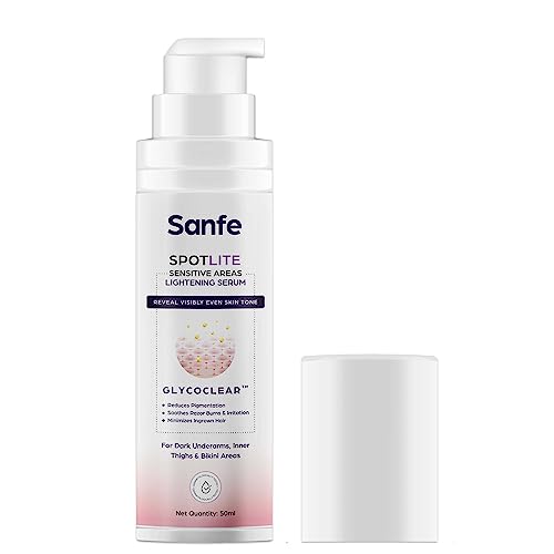 Sanfe Spotlite Sensitive Body Serum For Dark Underarms, Inner Thighs and Sensitive Areas | 10X Powerful, Enriched with 2% Glyoclic Acid, Alpha Arbutin, Niacinnamide| For Dark Intimate Patches, Detanning, Anti Aging and Skin | Helps in Depigmentation & Long Moisture – 50gm | For Indian Women Skin