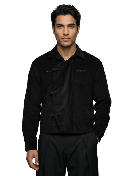 Black Corduroy Chinese Knot Buttoned Cropped Shirt | Spread Collar & Long Sleeves-image-26