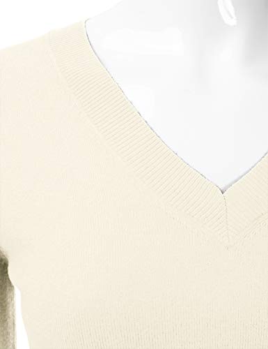 Image of EIMIN Women's Long Sleeve V-Neck Slim Fit Pullover Soft Knit Top Sweater Ivory M