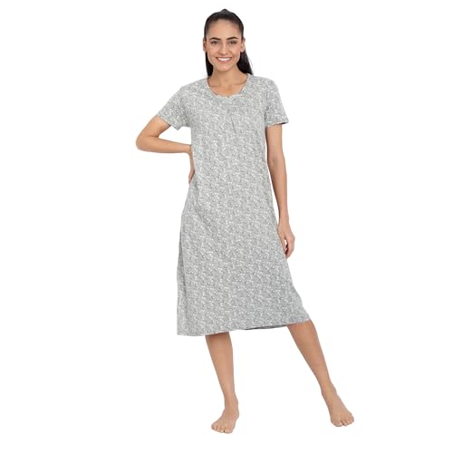 Image of BLAZON Women's Cotton Hosiery Elegant Maxi Nightdress with Lace Detailing, Floral Print, Pockets & Half Sleeves