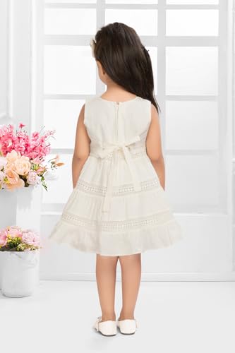 Image of Soft Cotton Lace Work Knee Length Fit & Flare Dress for Kids & Girls, Flower Embellished Frock for Casual & Special Occasion