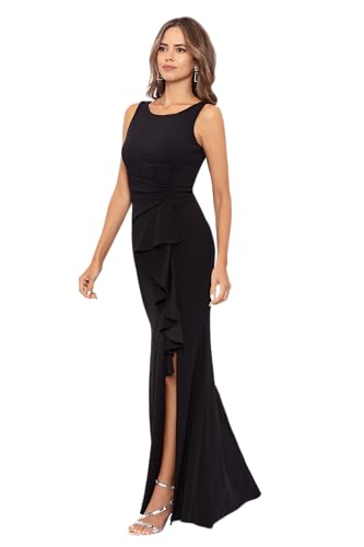 Image of Betsy & Adam Women's Long Bodycon Sleeveless Boat Neck Evening Gown with Side Slit Ruffle