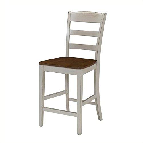 Home Styles Solid Wood Counter Bar Stool 24 inch High, Monarch Antique White with Distressed Oak Finish, Contoured Seat, Curved Legs, Shabby Chic Style
