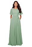 petyoo Modest Sage Green Bridesmaid Dresses with Sleeves Short Sleeves Chiffon Formal Dress with Pockets Size 6