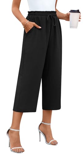 Anyhold Womens High Waist Wide Leg Capri Pants Adjustable Drawstring Loose Fit Summer Beach Pants Pockets2
