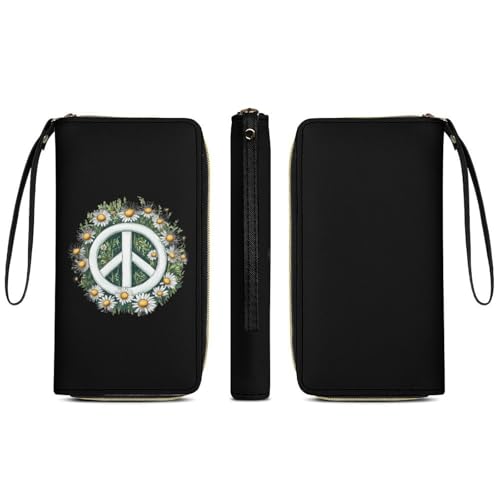 Daisy Peace Sign Flower Leather Wallets for Women Large Capacity Zip Pocket Wallet with Cord3