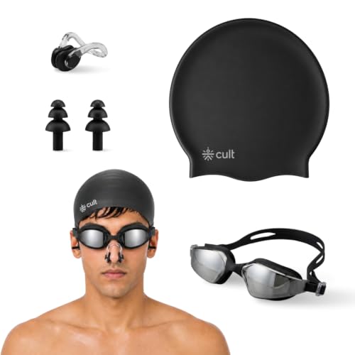 Image of CULT Swimming Cap Goggles with Ear Plugs & Nose Clip Set for Men & Women, Anti-Fog Swimming Goggles with Adjustable Strap, Silicone Swim Cap Combo for Training, Pool & Fitness, Black