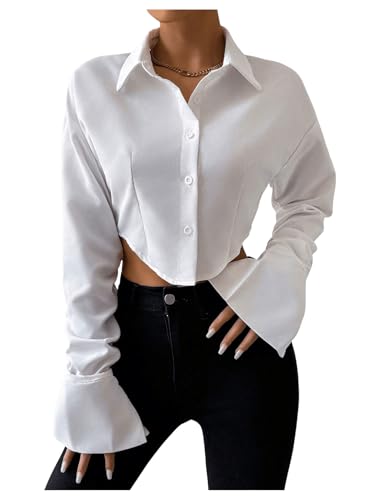 GORGLITTER Women's Cropped Button Down Shirts Long Sleeve Collared Crop Tops Office Work Business Outfits