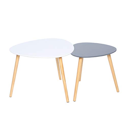 Happy Home Couchtisch Set von 2 Nesting Endtische Weiß Grau Finish mit Holzbeinen für Wohnzimmer Balkon und Büro (WEI&GRA)
