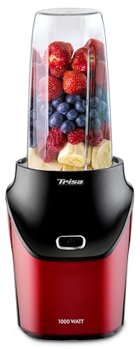 Trisa Energy Boost Smoothie Maker 1000W (25.000 U/Min), Hochleistungsmixer & Personal Blender inkl. 2 Tritan-Becher (1L & 400ml To-Go), 6-Klingen Extraktor für Obst & Eiscrusher, Rot/Schwarz