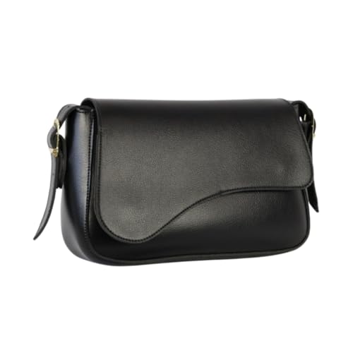 Willibags Bolsa Baguete Feminina com Tampa Assimétrica, Couro Sintético, Alça de Ombro, Estilo Casual Moderno, Preta, Grande (Preto)