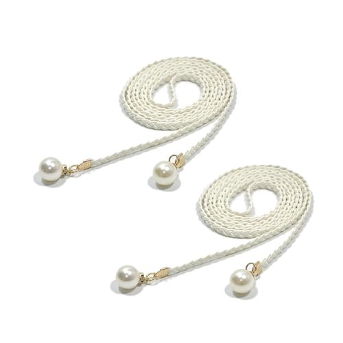 2Pcs Fashion Woven Waist Rope Adjustable Laceup Waist Belt with Pearls Decors for Women Dresses and Skirt All Matching