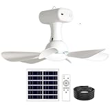 Ventilatore da soffitto solare con telecomando, ventilatore da soffitto portatile con batteria da 6000 mAh, pannello da 6 W per uso interno ed esterno in dormitorio, patio, campeggio, bianco