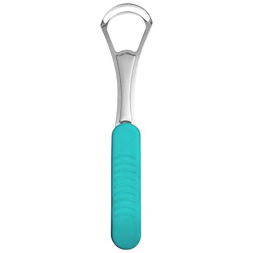 Image of spoon shap with silicon handle Tongue Scraper, 100% Useful Surgical Stainless Steel Tongue Cleaner for Both Adults and Kids, Professional Reduce Bad Breath Metal Tongue Scrapers, Help Your Oral Hygiene