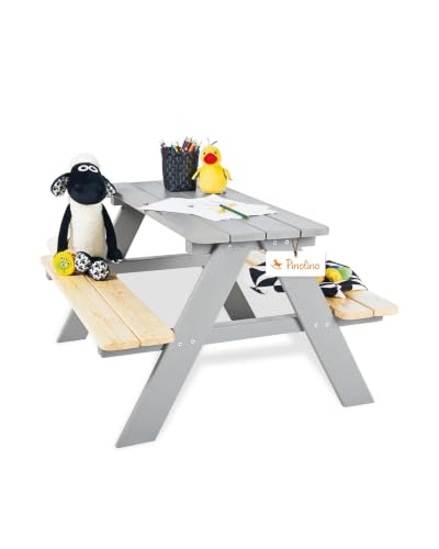 PINOLINO Nicki 4er Kindersitzgruppe aus Massivholz I Grauer Kinder Picknicktisch für Garten & Outdoor I Spieltisch mit abgerundeten Kanten I Robuste Sitzgruppe für 4 Kinder I 90 x 79 x 50 cm