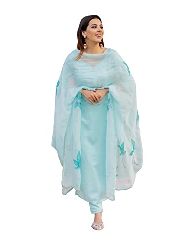 Image of GoSriKi Women's Cotton Blend Straight Solid Kurta with Pant & Dupatta (Resoti New-GS)
