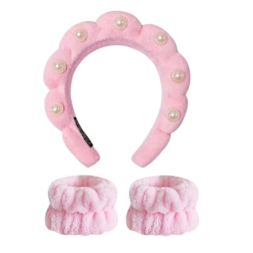SZHYHTIKI Pearl Rhinestone Headband for Women Girls Terry Cloth Spa Headband for Washing Face Makeup Skincare Puffy Head band (Pink)