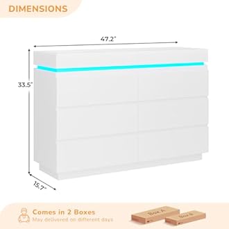 DICTAC Modern 6 Drawers White Dresser with Sliding Desktop, Wide Chest of Drawers with Charging Station & LED Lights, Large Storage Tower Clothes Organizer, White Dresser for Bedroom