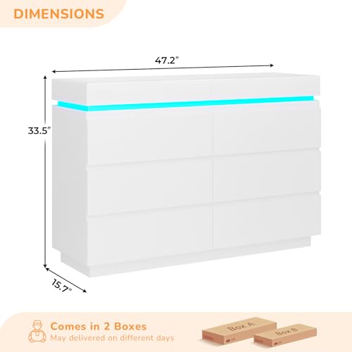 DICTAC Modern 6 Drawers White Dresser with Sliding Desktop, Wide Chest of Drawers with Charging Station & LED Lights, Large Storage Tower Clothes Organizer, White Dresser for Bedroom