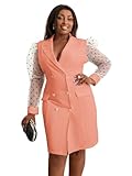 AOMEI Women's Luxe Tulle Sleeve Double Breasted Blazer Dress - Elegant Casual Work Office Dresses (Pink,3X-Large)