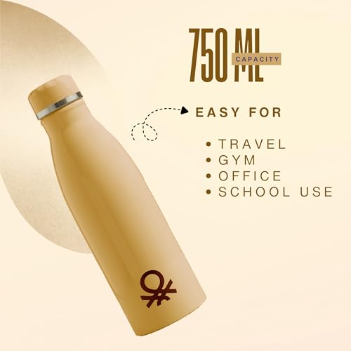 Image of United Colors of Benetton 750 ML Stainless Steel Water Bottle, Single Wall, Lightweight, Durable, Leak-Proof Cap, BPA-Free, Rust Resistant, Easy to Clean, Travel /Gym /Office /School Use