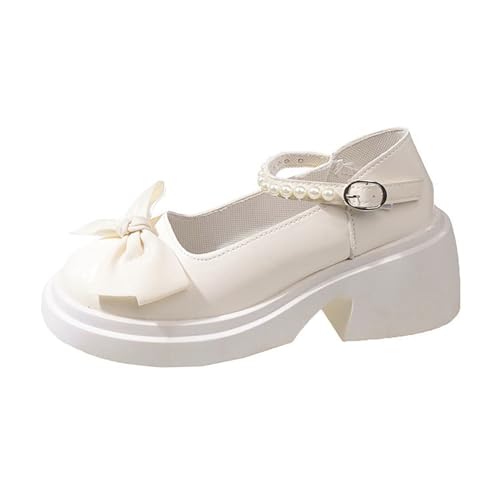 Zapatos Casual Mujeres Negro Mujeres Chunky Plataforma Mary Janes Zapatos Hebilla Correa Punta Redonda Pisos Flacos Boca Japonés Lindo Lolita Princesa Zapatos Ligero Zapatos de Caminar, beige, 37 EU