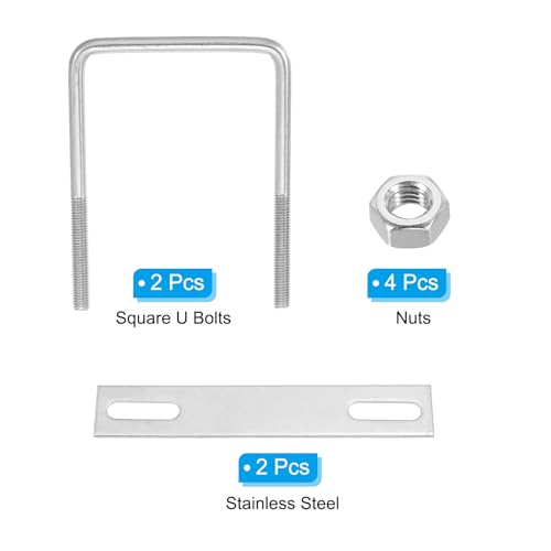 Image of PATIKIL M8x90x130mm Square U-Bolts Kit, 2Set 304 Stainless Steel Square U Shaped Bolts Replacement Parts with Frame Plates and Nuts for Ski Board Sailboat Trailer